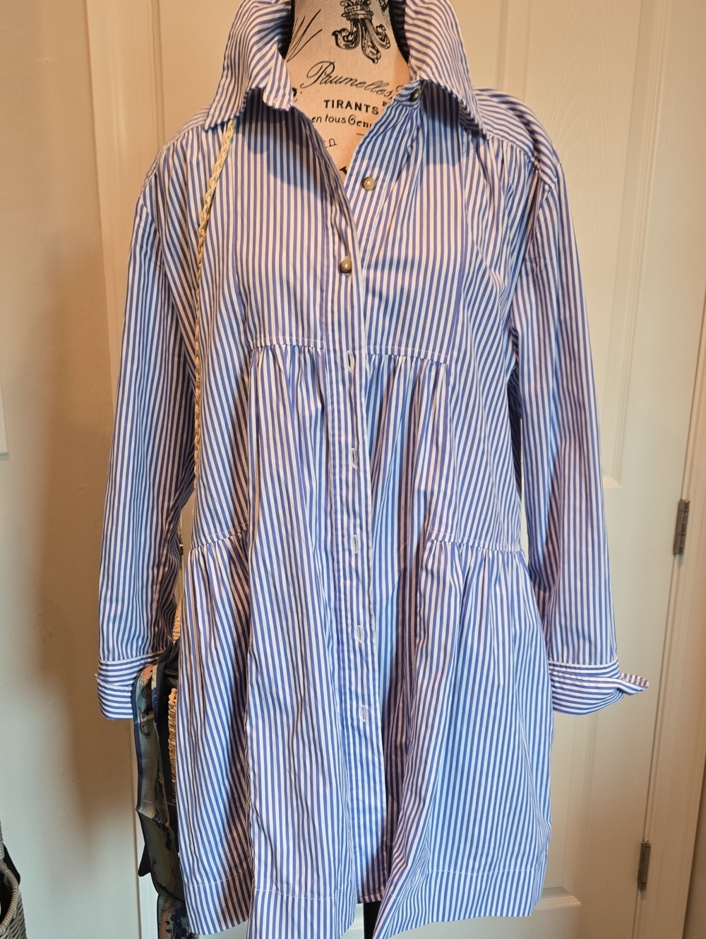 Elan Blue and White Striped Perfectly Tiered Flatter Fit Shirt Dress